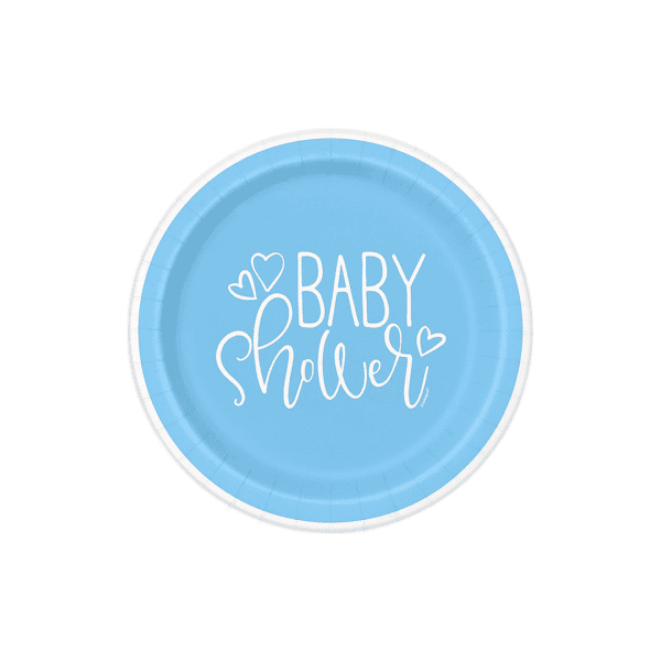 PLATOS REDONDO PEQUEÑO PARA BABY SHOWER NIÑO CON DISEÑO DE CORAZONES CELESTES